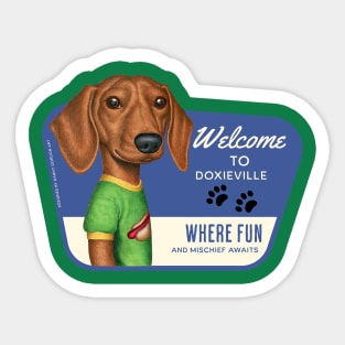 Cute Doxie with green tee in Doxieville, USA Sticker